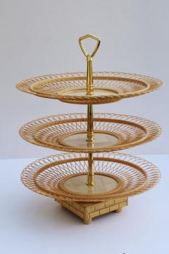 vintage bamboo basketweave woven tiered tray, retro boho vintage music box rotating dessert or hors d'oeuvres server 