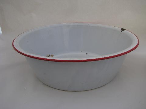 photo of vintage banded enamelware laundry / kitchen dish pan lot, big primitive bowls #5