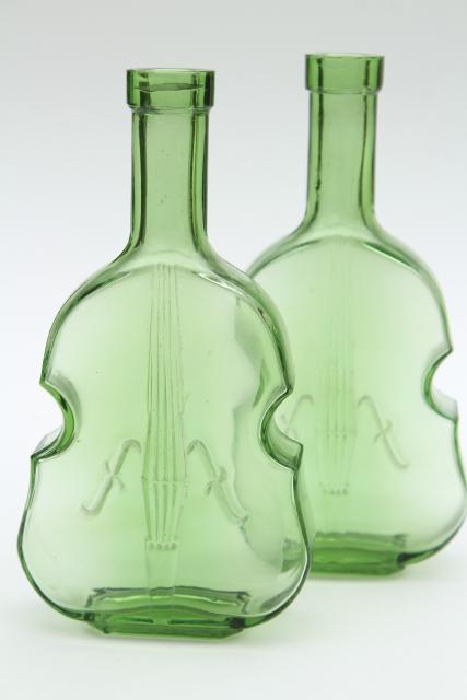 photo of vintage banjo & violin bottles, old green glass figural bottle collection #2