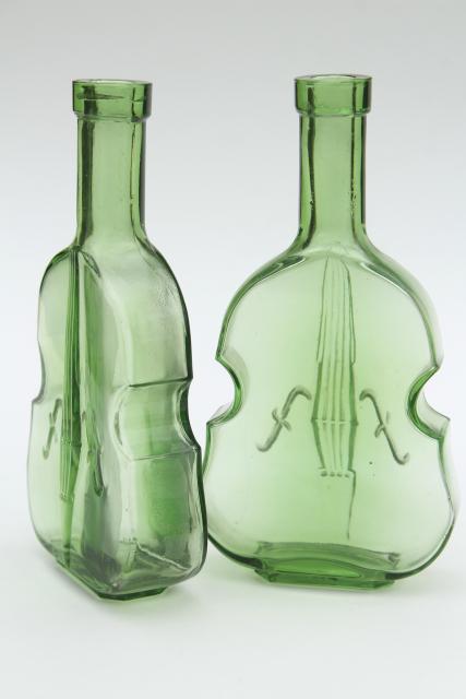 photo of vintage banjo & violin bottles, old green glass figural bottle collection #3