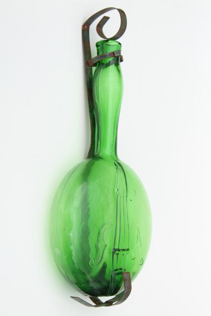 photo of vintage banjo & violin bottles, old green glass figural bottle collection #7