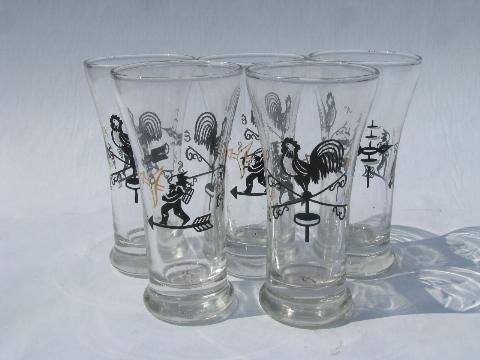 photo of vintage bar glasses, vintage Libbey folk art rooster weather vane / indian pattern #1