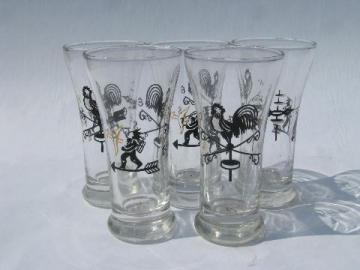 catalog photo of vintage bar glasses, vintage Libbey folk art rooster weather vane / indian pattern