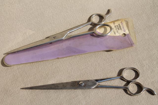 photo of vintage barbers shears, Wiss & Kleencut hair cutting scissors, all steel #1