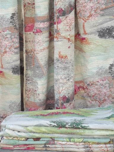 photo of vintage barkcloth fabric lot of old curtains, shabby floral & farm scenes #1