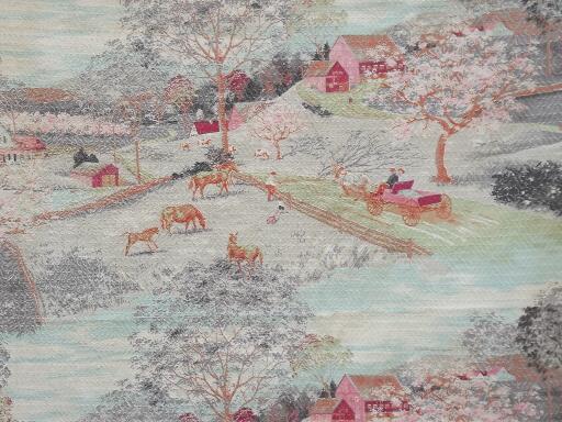 photo of vintage barkcloth fabric lot of old curtains, shabby floral & farm scenes #3