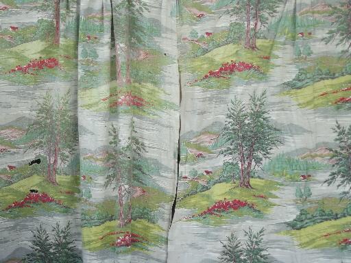 photo of vintage barkcloth fabric lot of old curtains, shabby floral & farm scenes #5