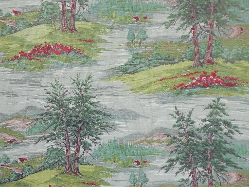 photo of vintage barkcloth fabric lot of old curtains, shabby floral & farm scenes #6