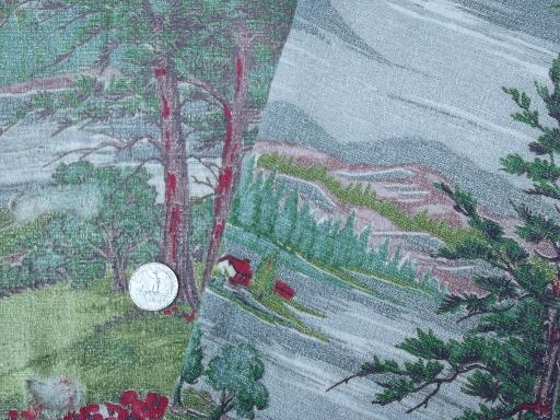 photo of vintage barkcloth fabric lot of old curtains, shabby floral & farm scenes #7