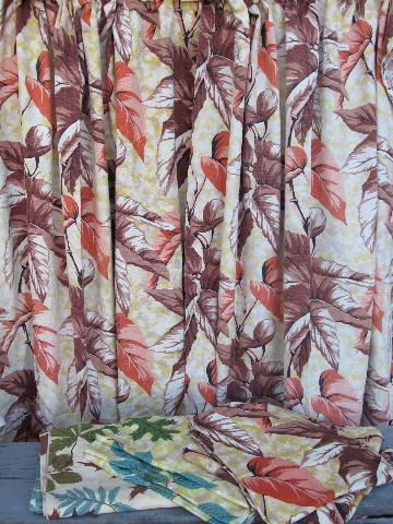 photo of vintage barkcloth fabric remnants pieces lot, tropical leaves print #1