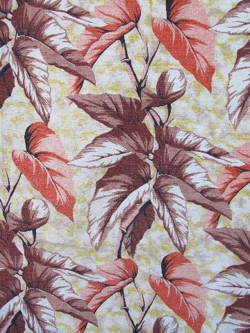 photo of vintage barkcloth fabric remnants pieces lot, tropical leaves print #4