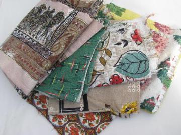 catalog photo of vintage barkcloth fabric remnants, pieces, scraps lot, great retro prints