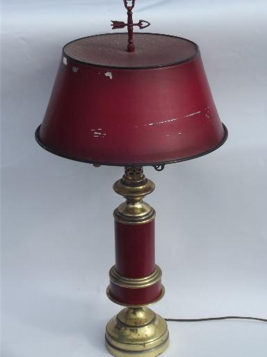 photo of vintage barn red tole metal shade brass table lamp, brass weathervane finial #1