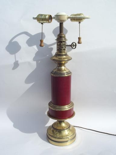 photo of vintage barn red tole metal shade brass table lamp, brass weathervane finial #2