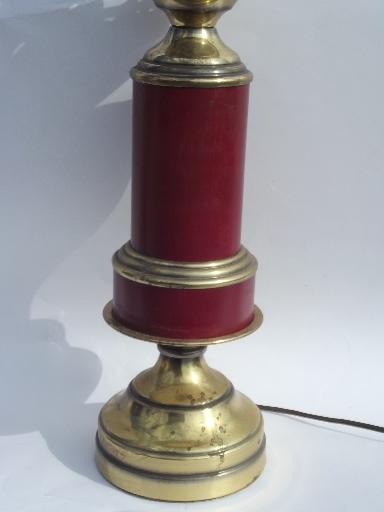 photo of vintage barn red tole metal shade brass table lamp, brass weathervane finial #3