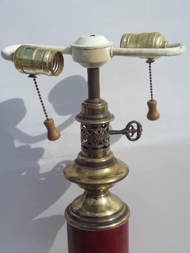 photo of vintage barn red tole metal shade brass table lamp, brass weathervane finial #4