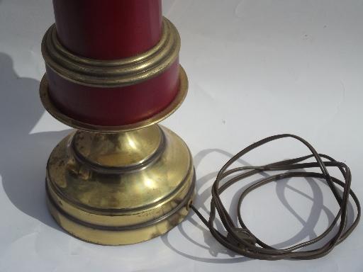 photo of vintage barn red tole metal shade brass table lamp, brass weathervane finial #5