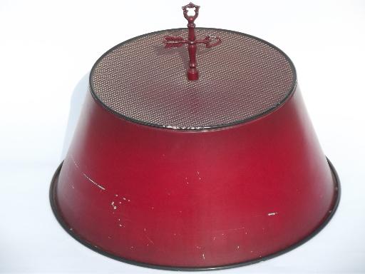 photo of vintage barn red tole metal shade brass table lamp, brass weathervane finial #6