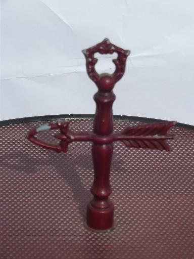 photo of vintage barn red tole metal shade brass table lamp, brass weathervane finial #8