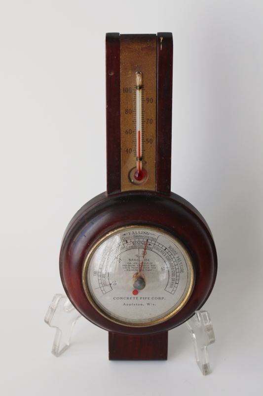 photo of vintage barometer advertising Concrete Pipe Appleton Wis, working Taylor Baroguide wood frame  #1