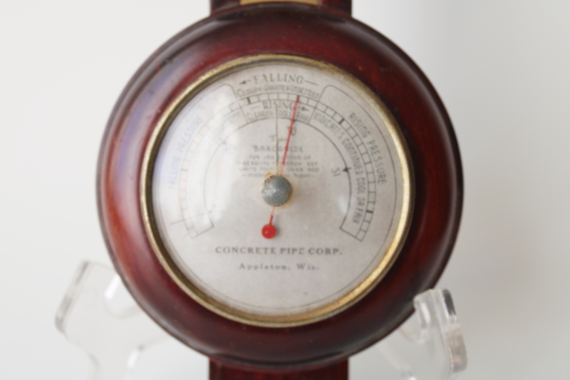 photo of vintage barometer advertising Concrete Pipe Appleton Wis, working Taylor Baroguide wood frame  #2