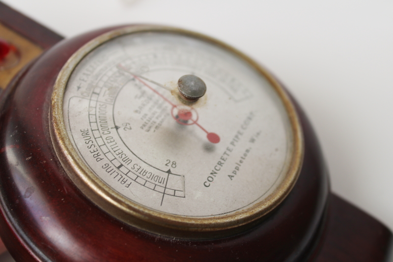 photo of vintage barometer advertising Concrete Pipe Appleton Wis, working Taylor Baroguide wood frame  #4