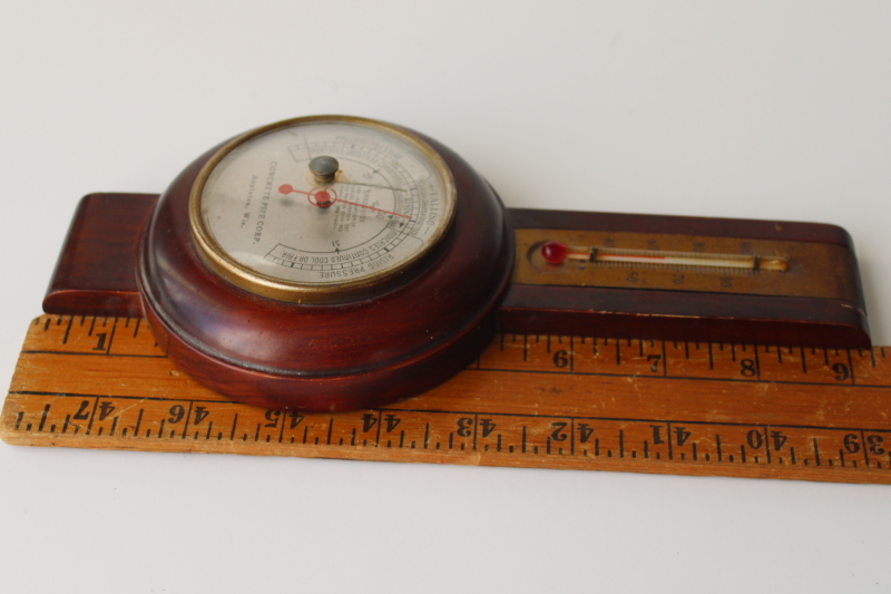 photo of vintage barometer advertising Concrete Pipe Appleton Wis, working Taylor Baroguide wood frame  #8