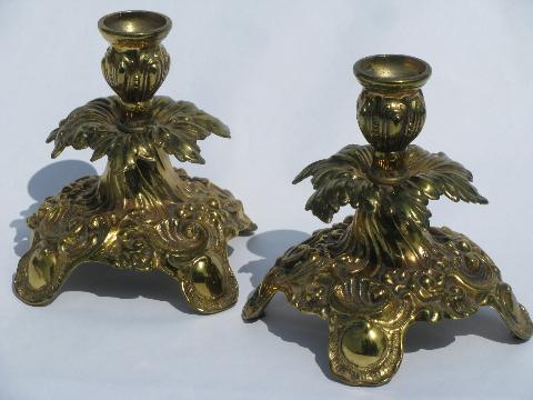 photo of vintage baroque metal candlesticks, pair ornate gold candle holders #1