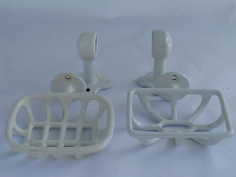 photo of vintage bath fixtures, white porcelain & iron soap dishes/towel bar brackets #1