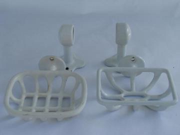 catalog photo of vintage bath fixtures, white porcelain & iron soap dishes/towel bar brackets