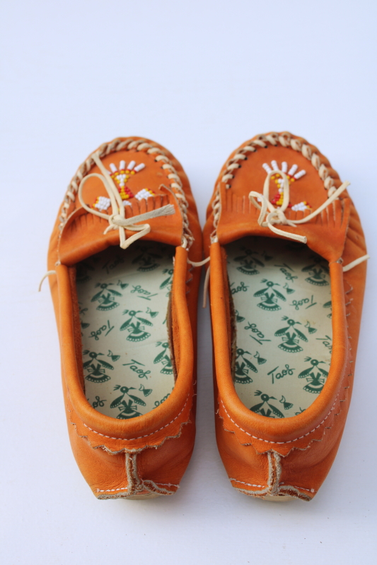 photo of vintage beaded leather Indian moccasins, Minnetonka style Thunderbird slip-on mocs, ladies size 6 #2