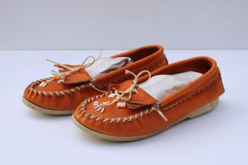 catalog photo of vintage beaded leather Indian moccasins, Minnetonka style Thunderbird slip-on mocs, ladies size 6 