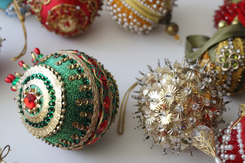 photo of vintage beaded sequin push pin Christmas ornaments, big fancy jeweled balls lot of 16  #5