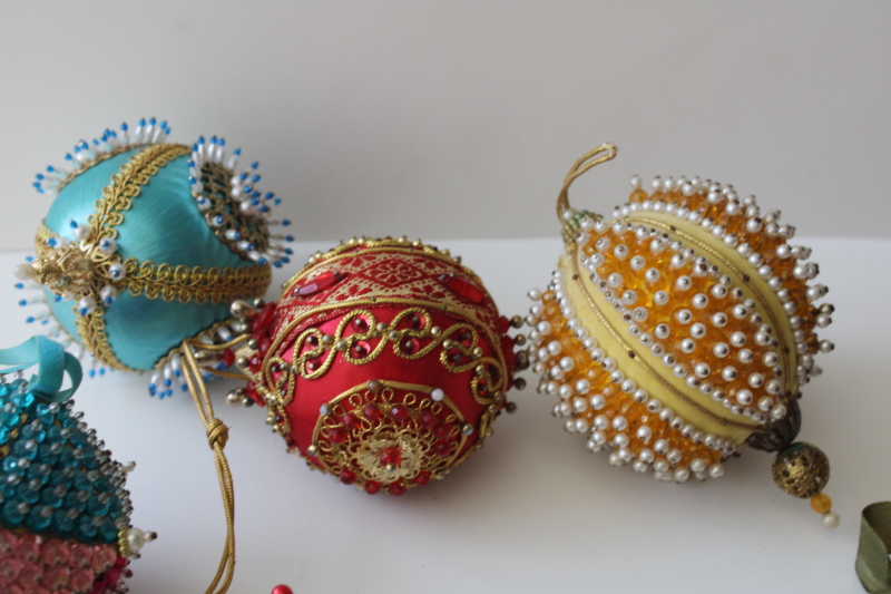 photo of vintage beaded sequin push pin Christmas ornaments, big fancy jeweled balls lot of 16  #6