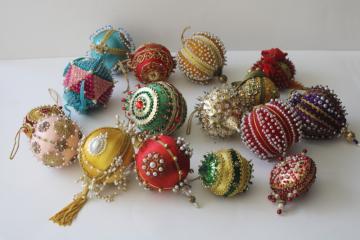 catalog photo of vintage beaded sequin push pin Christmas ornaments, big fancy jeweled balls lot of 16 