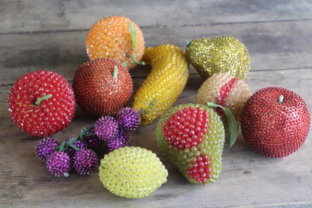 photo of vintage beaded & sequined fruit, mid-century kitsch decor handmade from LeeWards bead kits #1