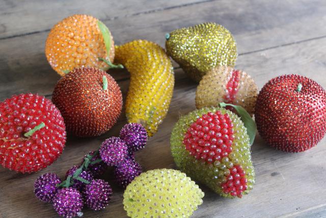 photo of vintage beaded & sequined fruit, mid-century kitsch decor handmade from LeeWards bead kits #2