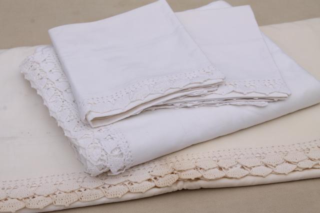 photo of vintage bed linens w/ handmade crochet lace, cotton sheets & pillowcases w/ wedding bells edging #1