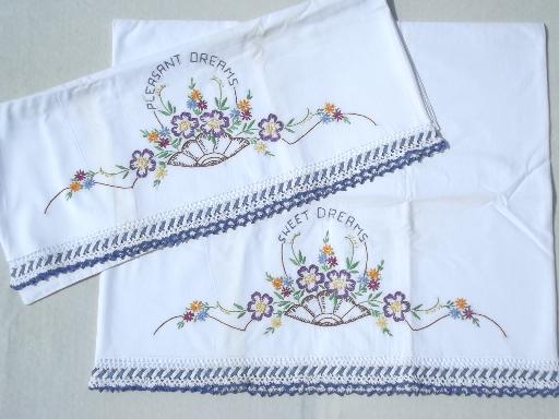 photo of vintage bed linens lot, painted & embroidered cotton pillowcases w/ crochet  #2