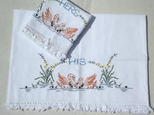 photo of vintage bed linens lot, painted & embroidered cotton pillowcases w/ crochet  #4