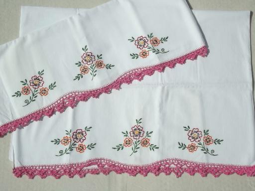 photo of vintage bed linens lot, painted & embroidered cotton pillowcases w/ crochet  #6