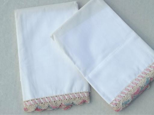 photo of vintage bed linens lot, painted & embroidered cotton pillowcases w/ crochet  #7