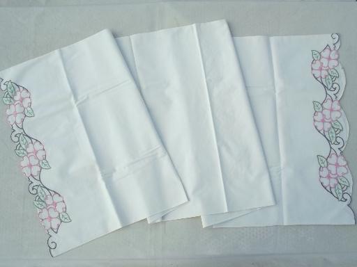 photo of vintage bed linens lot, painted & embroidered cotton pillowcases w/ crochet  #8