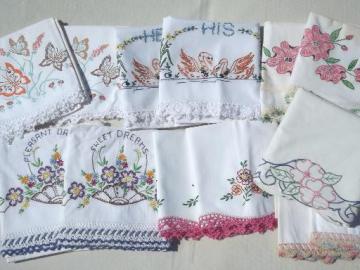 catalog photo of vintage bed linens lot, painted & embroidered cotton pillowcases w/ crochet 