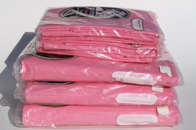photo of vintage bedding lot, candy pink cotton blend fabric, new in package double bed sheets & pillowcases #1