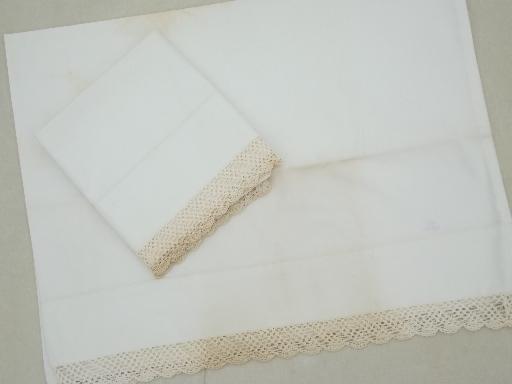 photo of vintage bedding lot, cotton pillowcases w/ lace, whitework embroidery #4