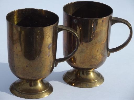 photo of vintage beer or cider mugs, heavy solid brass tankards, tavern cups #1