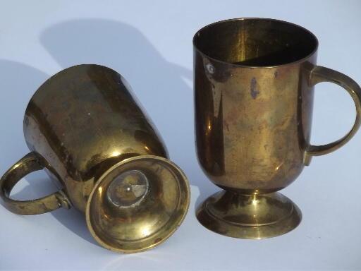 photo of vintage beer or cider mugs, heavy solid brass tankards, tavern cups #3