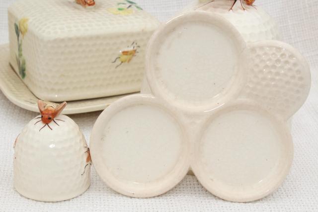 photo of vintage beeware w/ ceramic bees, bee skep jam jar pot, comb honey box or butter dish, milk jug pitcher #2