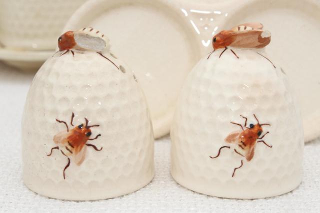 photo of vintage beeware w/ ceramic bees, bee skep jam jar pot, comb honey box or butter dish, milk jug pitcher #3